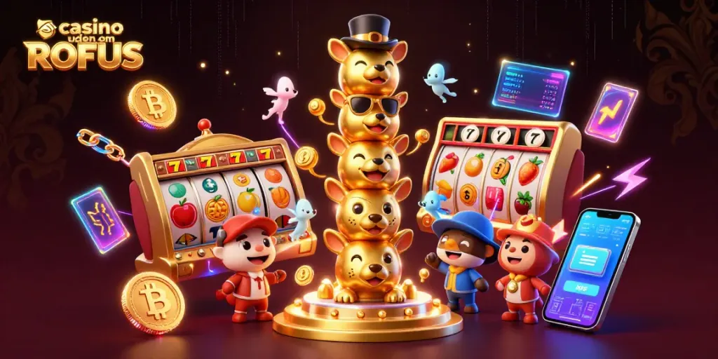 Experience the thrill of playing casino uden om ROFUS with engaging slot reels and vibrant characters.