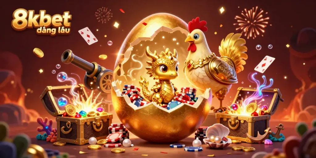 Experience the excitement of 8kbet đăng nhập with a golden dragon revealing poker chips in a vibrant casino scene.