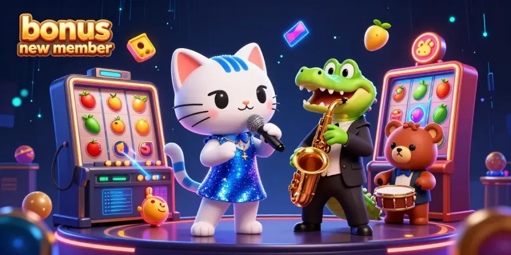 Join the fun with a bonus new member in a vibrant casino scene featuring a jazz-singing cat and animated slot machines.
