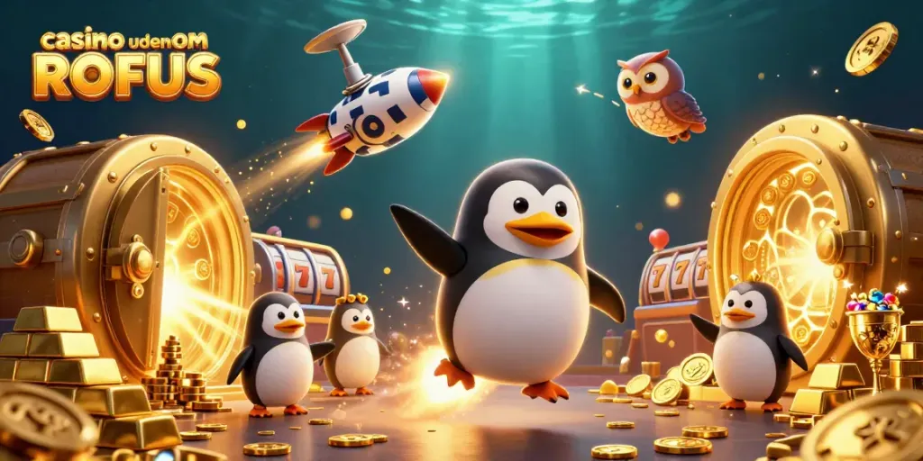 Engage in casino uden om ROFUS with this vibrant 3D illustration featuring a golden penguin and slot reels.