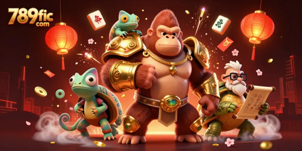 Engage in thrilling gaming with vibrant visuals at 789fic com, showcasing a cartoon gorilla king and gambling elements.