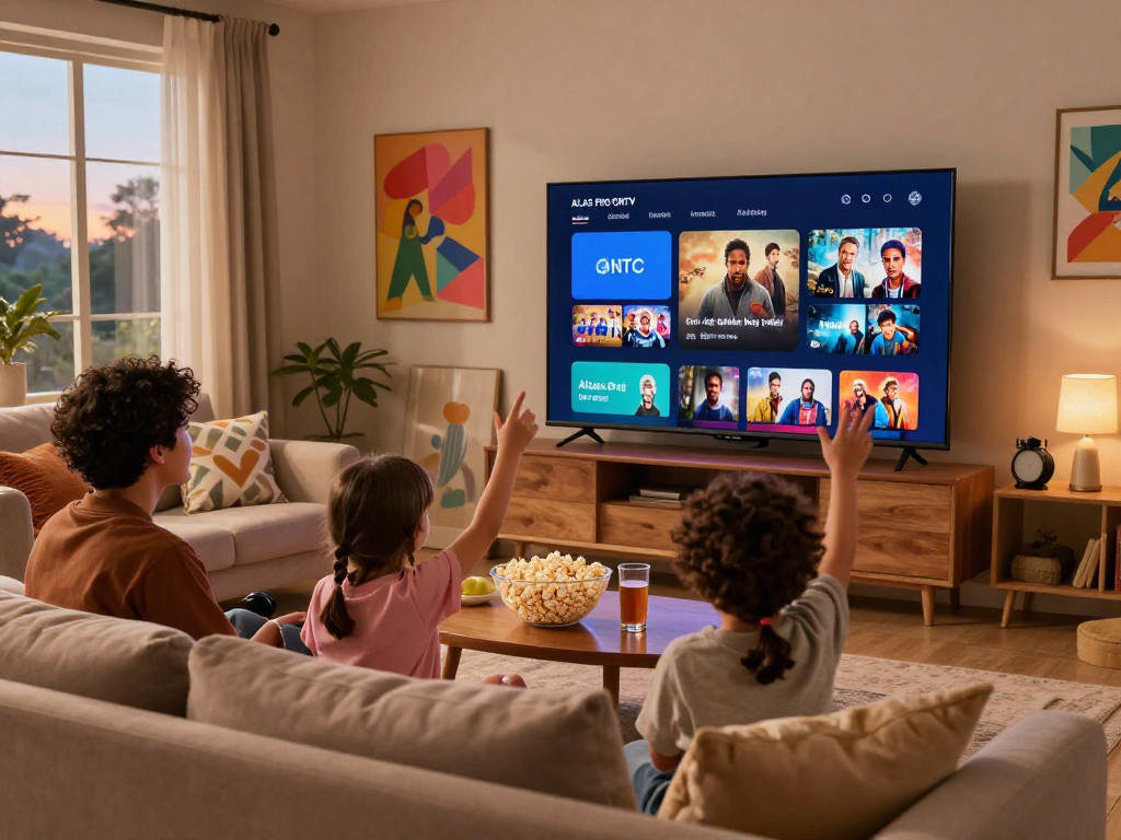 Famille utilisant l'application atlas pro dans un salon chaleureux avec télévision intelligente.