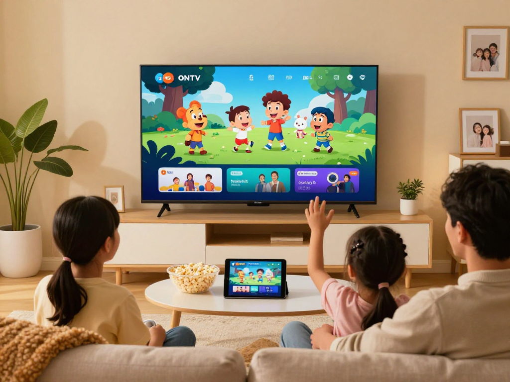 Famille profitant d'Atlas pro ontv en regardant la télévision, ambiance chaleureuse.