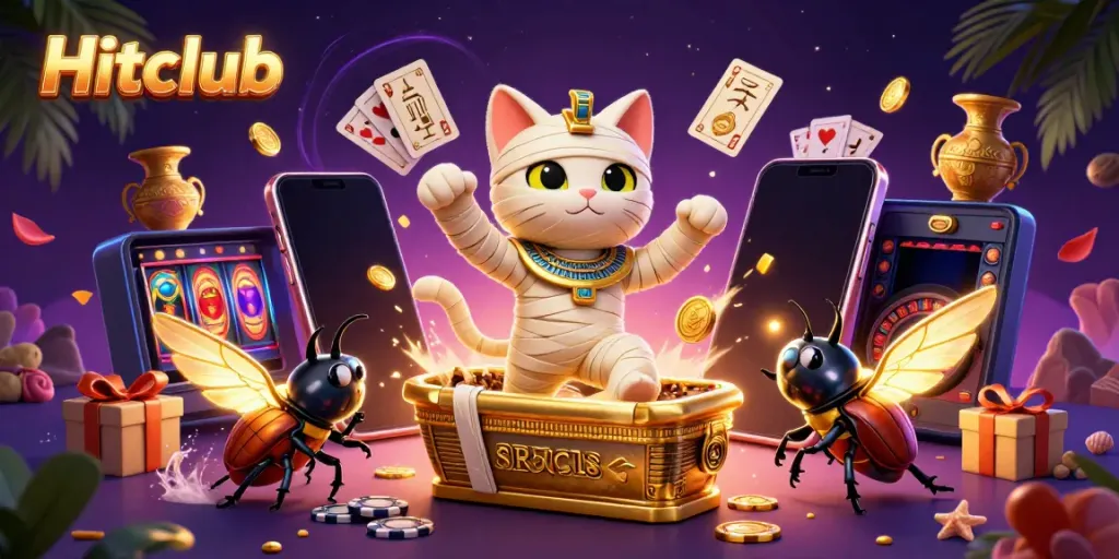Hitclub showcases a vibrant online casino scene with an Egyptian mummy cat and golden treasures.