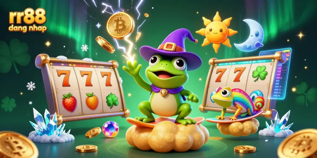 Engage with rr88 dang nhap as a colorful storm of gold coins and slot elements captivates players.
