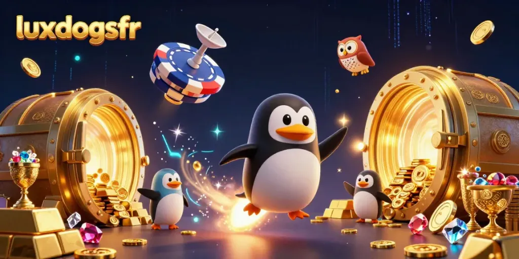 Experience the excitement of luxdogsfr as a penguin lands in a dazzling casino space scene.