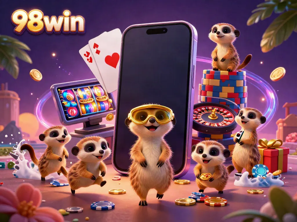 Experience 98win's dynamic casino with meerkats managing games and winning slots.