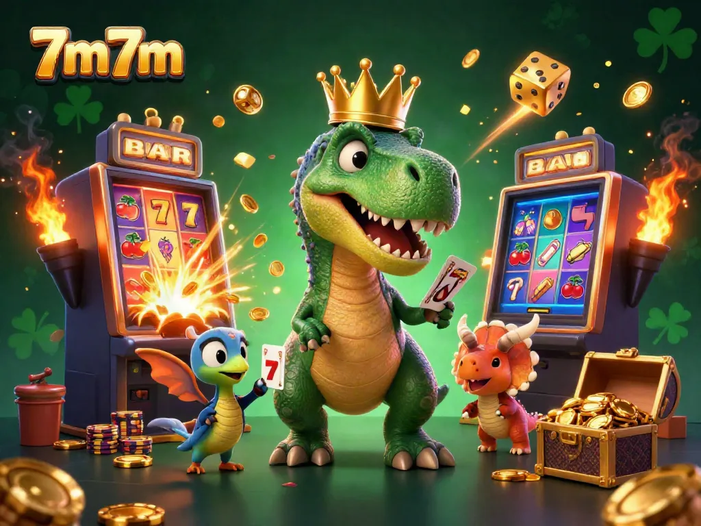 Join the fun with 7m7m's lively casino scene featuring friendly characters and vibrant gaming elements.