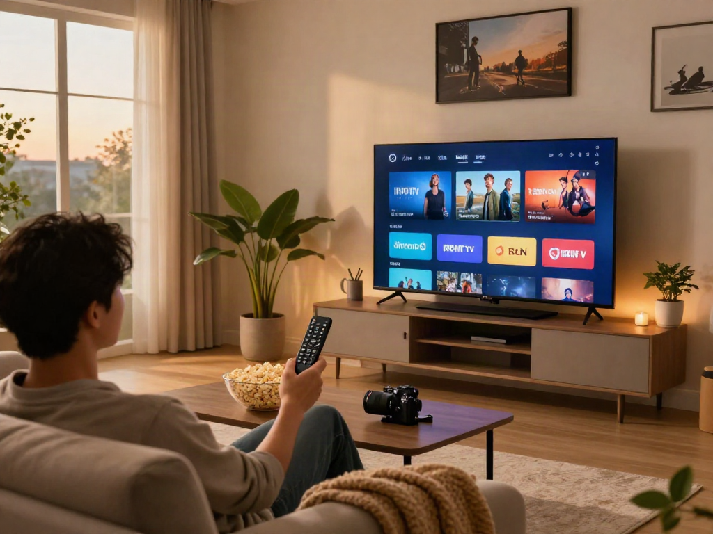 Experience Iron tv streaming at home in a cozy living room setting with ambient lighting and stylish decor.
