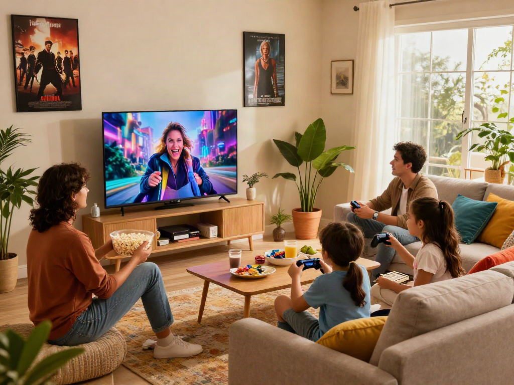 Une famille appréciant des moments de cinéma autour d'un Iron tv dans leur salon convivial.