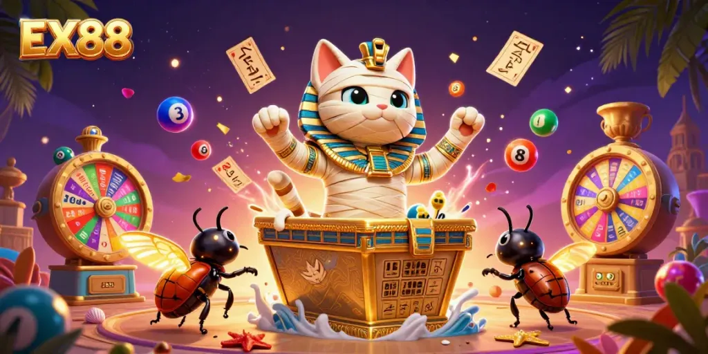 EX88 unleashes excitement with a cartoon mummy cat and a scarab in a vibrant casino