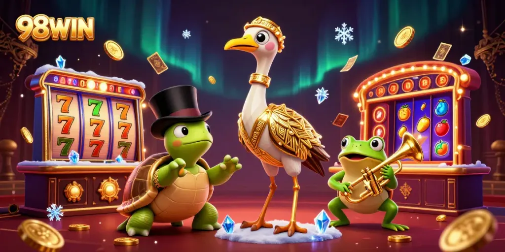 Engage with 98WIN at a vibrant casino-themed celebration featuring unique cartoon characters.