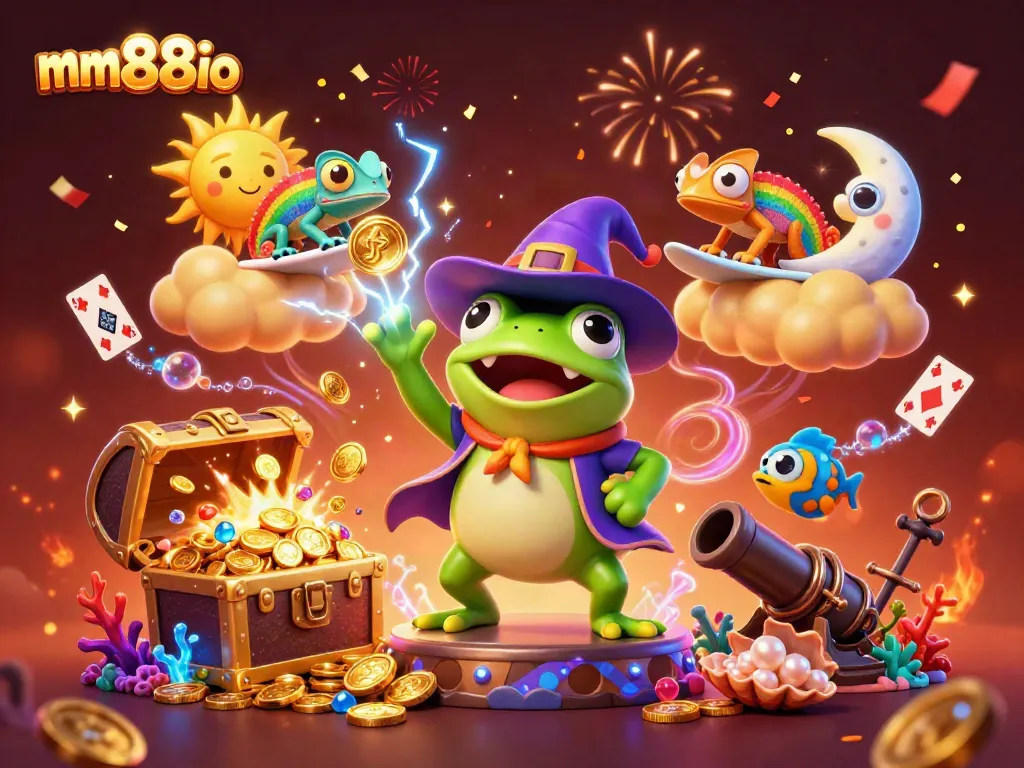 Engage with mm88io's vibrant casino world, featuring magical elements and fortune symbols.