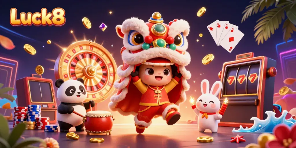 Experience Luck8's vibrant casino atmosphere with a dynamic lion dance and gambling elements.