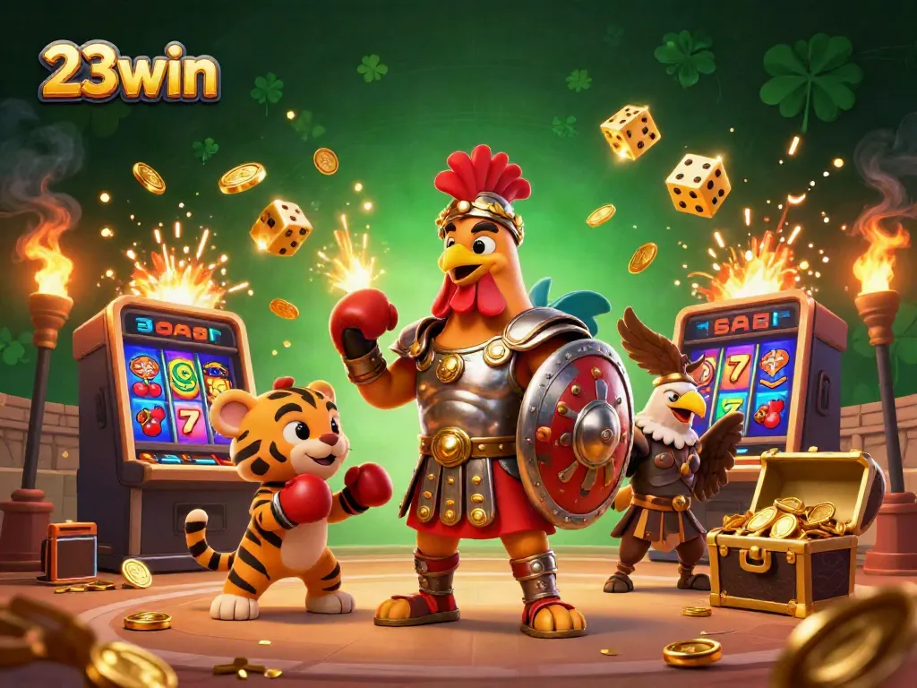 Experience the excitement of 23win with a dynamic illustration featuring slot machines, a gladiator rooster, and casino elements.