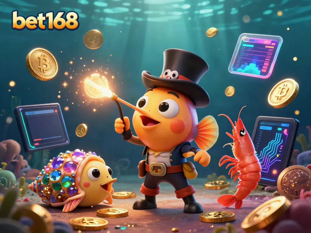Catch golden coins with bet168, featuring a deep-sea anglerfish and pirate shrimp in a vibrant underwater world.