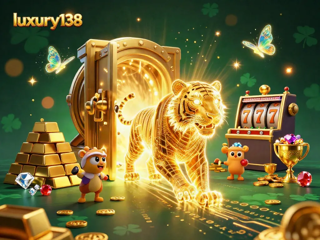 Engage with luxury138's vibrant online casino experience featuring a neon tiger and treasures.
