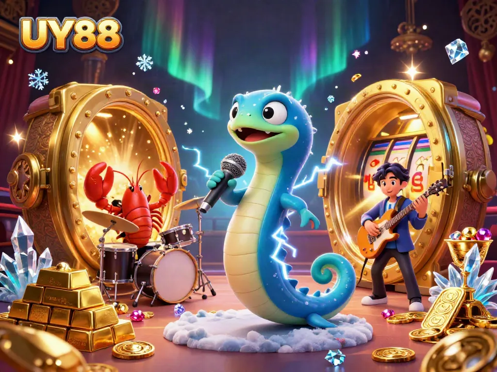Experience the excitement of UY88 with an electric eel DJ performing on a vibrant underwater casino stage.
