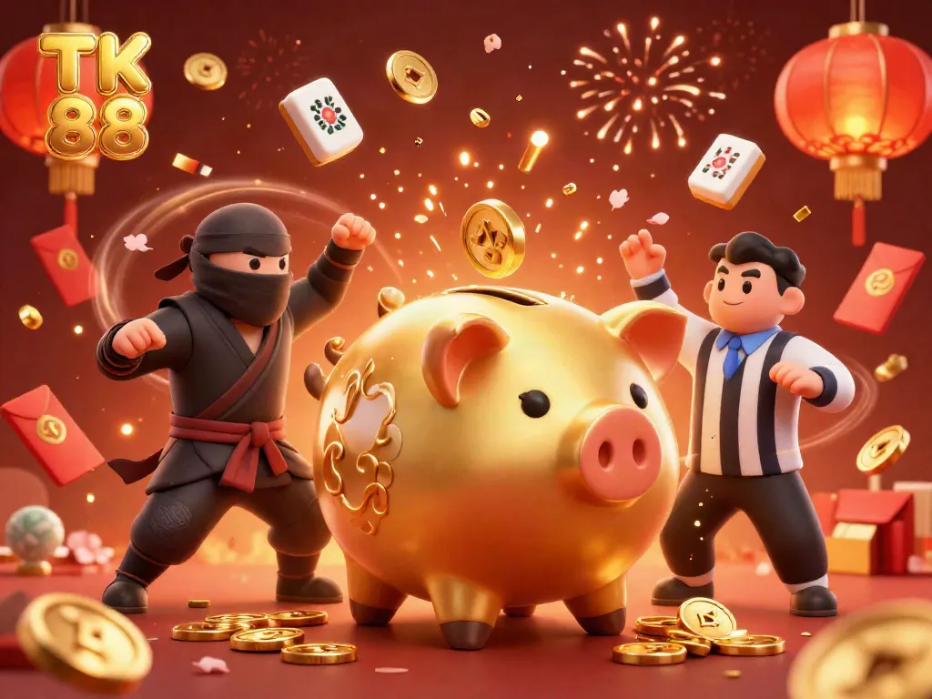 Engage with TK 88 as a golden piggy bank sumo wrestler battles a wallet-ninja in a lively casino scene.