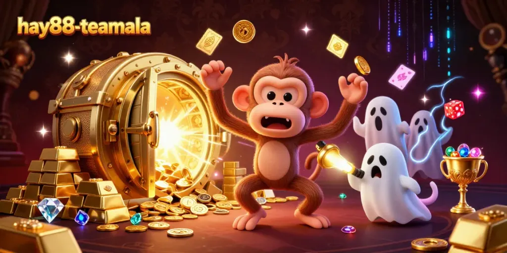 Experience the thrill of the haunted casino with the playful hay88-teamala monkey animating the adventure.
