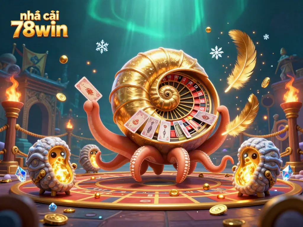 Engage with the vibrant scene depicting nhà cái 78win featuring a giant nautilus roulette wheel and glowing ammonite companions in action.