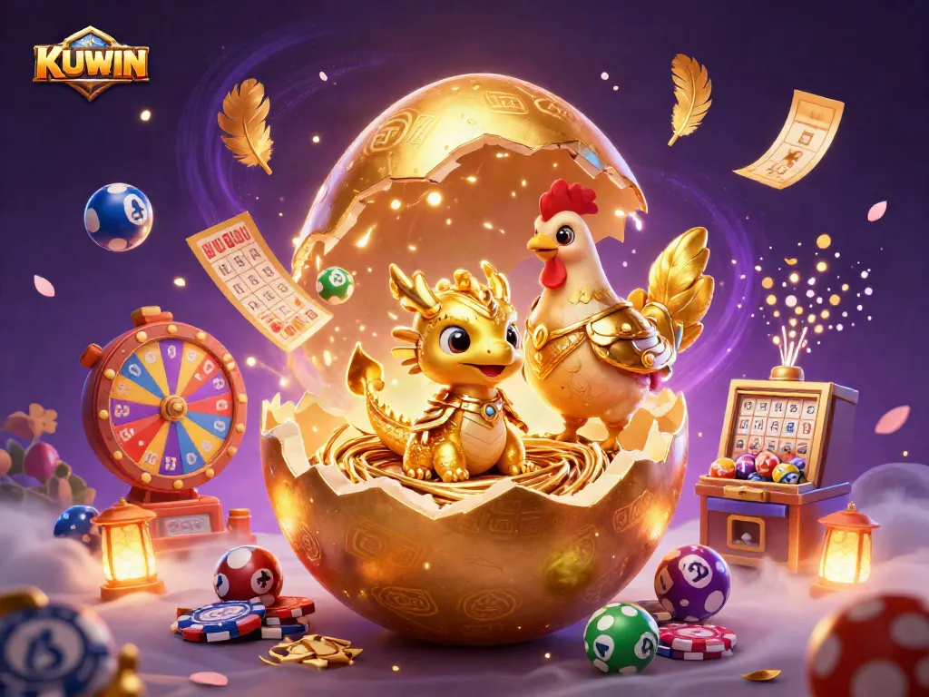 KUWIN showcases an enchanting illustration with a golden dragon and vibrant lottery balls symbolizing thrilling gaming action.
