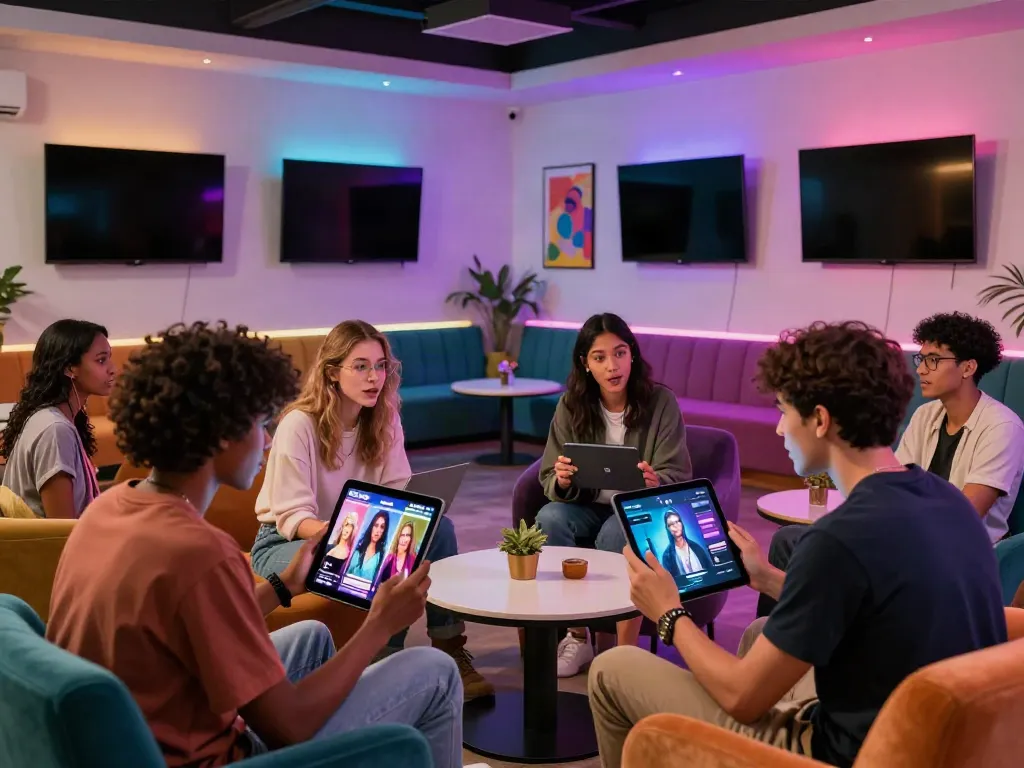 Group interacting with NSFW AI technology in a stylish lounge setting, highlighting technology engagement.