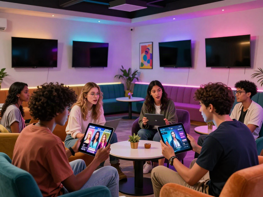 Group interacting with NSFW AI technology in a stylish lounge setting, highlighting technology engagement.